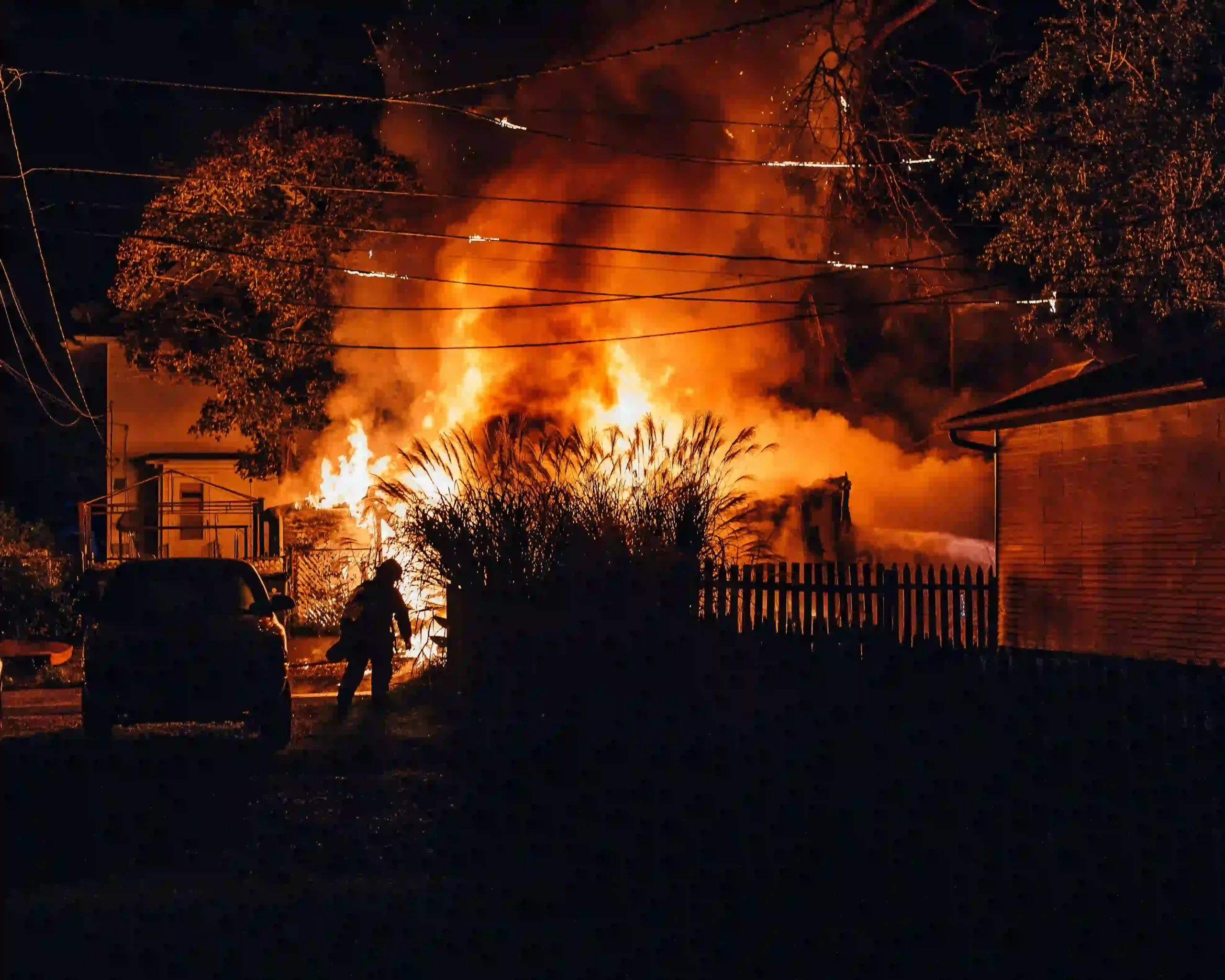 A residential home engulfed in flames with thick smoke billowing from the roof, illustrating the devastating impact of an electrical fire.