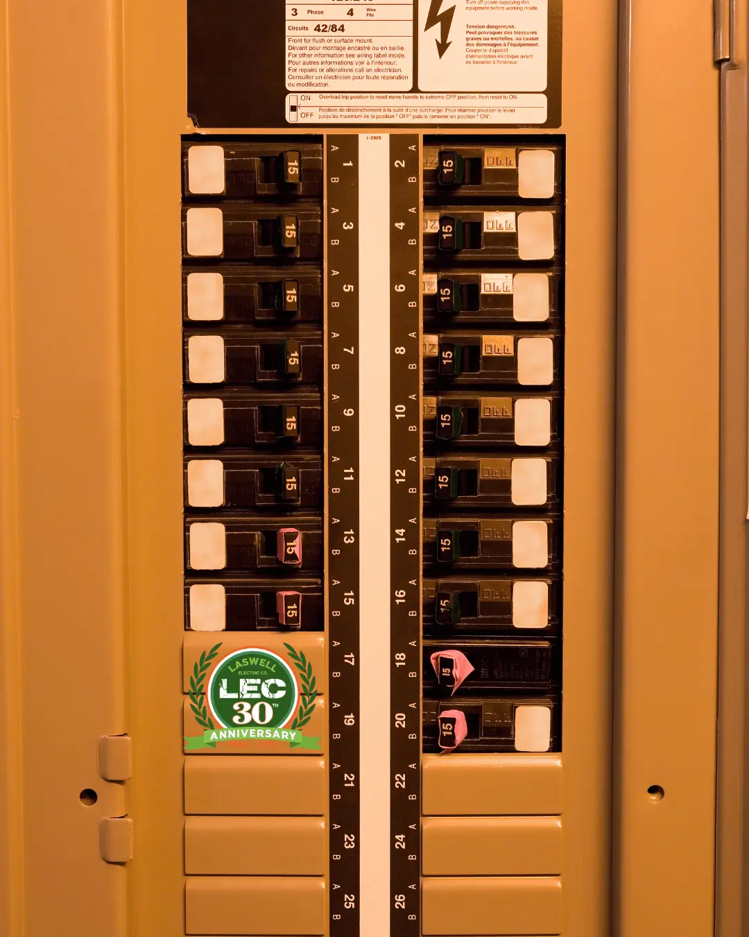 do-i-have-a-federal-pacific-panel A close-up of numerous circuit breakers inside an electrical panel.
