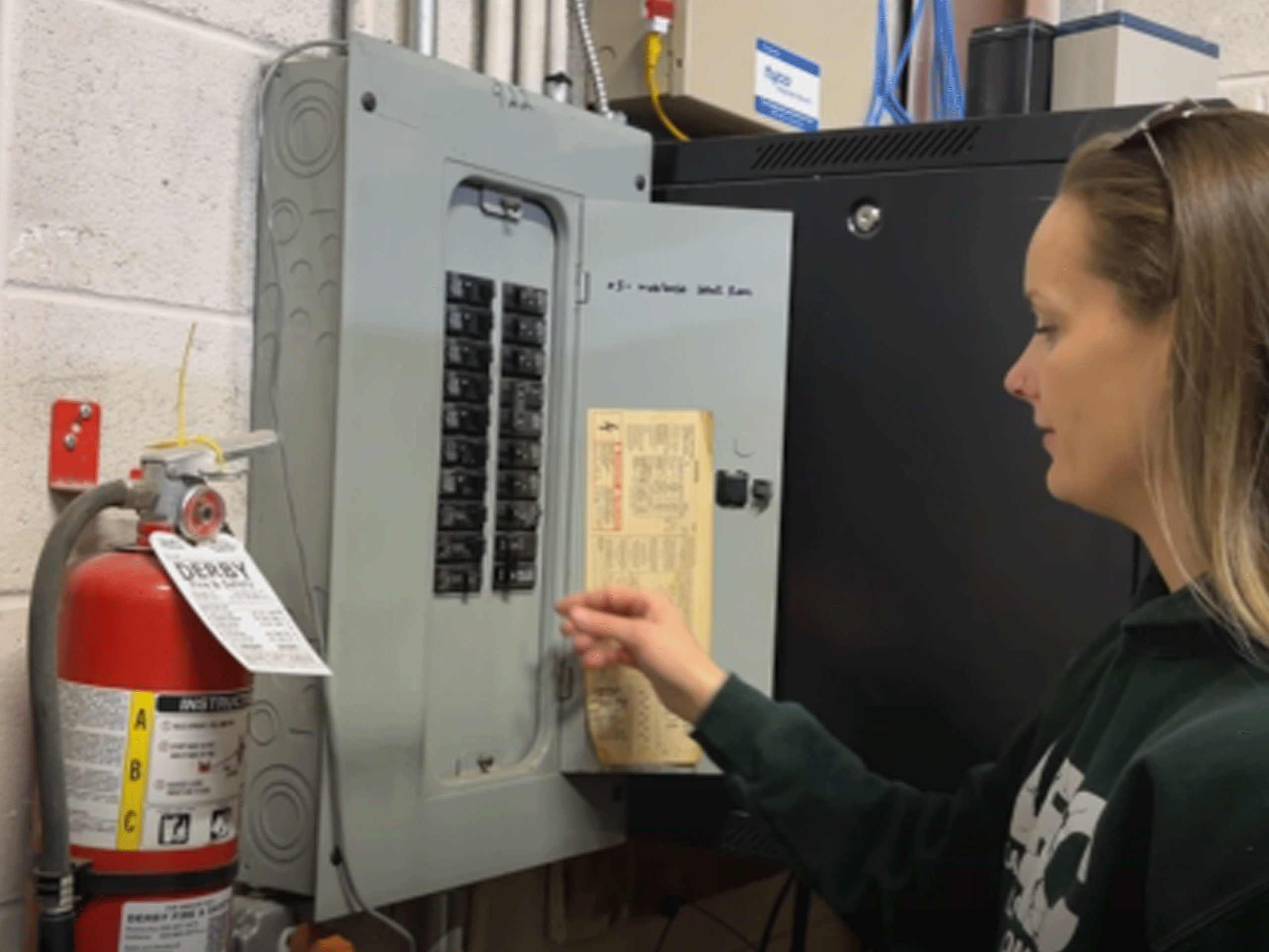 Electrician performing an electrical panel upgrade, inspecting and wiring a modern breaker panel to improve safety, capacity, and reliability in a commercial electrical system.