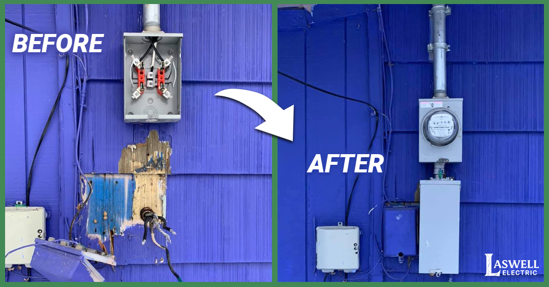 Before and after storm damage electrical repair by Laswell Electric in Louisville, KY, showing a damaged meter base ripped from a home exterior and the repaired meter safely reinstalled.
