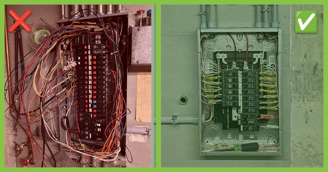 Before and after comparison of an electrical panel upgrade by Laswell Electric, showing an outdated, cluttered panel replaced with a clean, modern, properly labeled breaker panel for improved safety and performance.