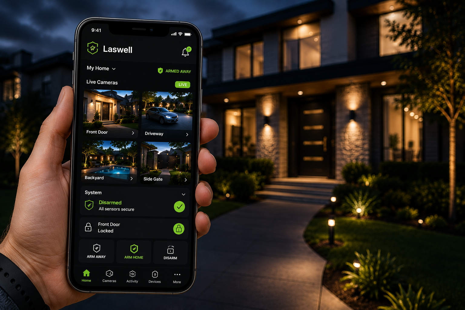 Person holds a phone in their hand with Laswell app, accessing their home security system.