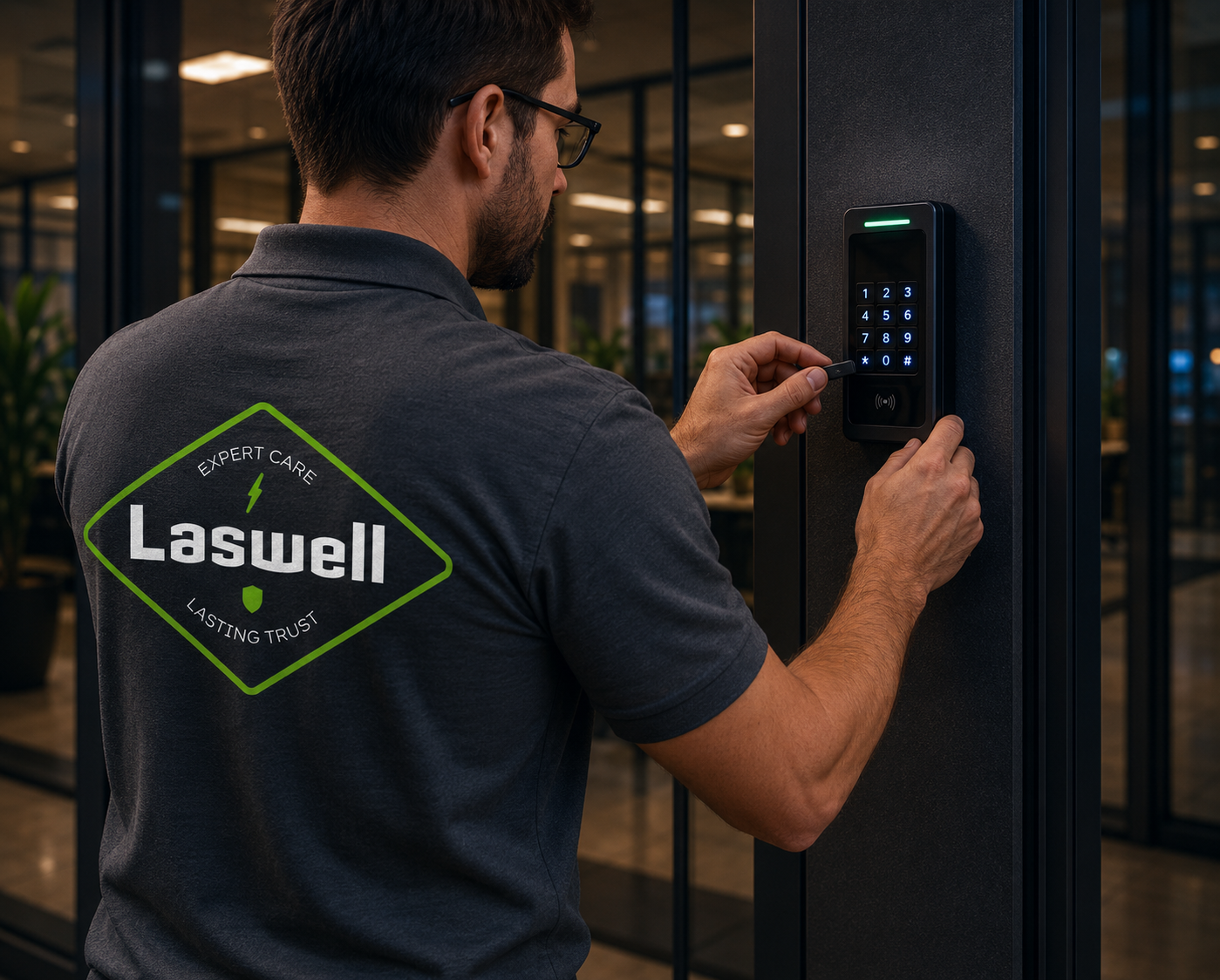 A Laswell technician installs a access control keypad for a commercial customer in Louisville.