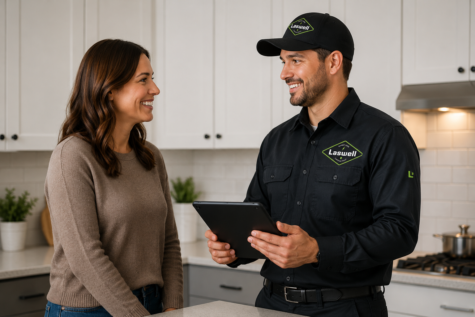 A Laswell residential electrician reviews a custom solution with a Floyds Knobs, IN homeowner.