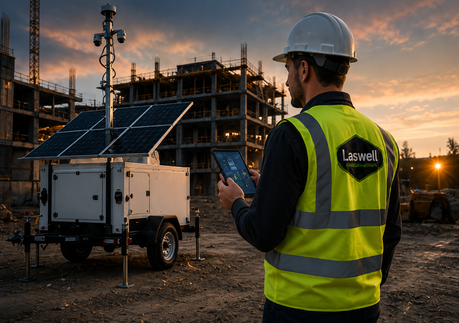A Laswell technician installs a mobile surveillance trailer at a Louisville construction site.