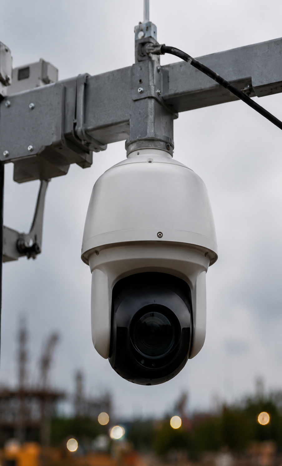 A close up view of a camera on a mobile surveillance trailer.