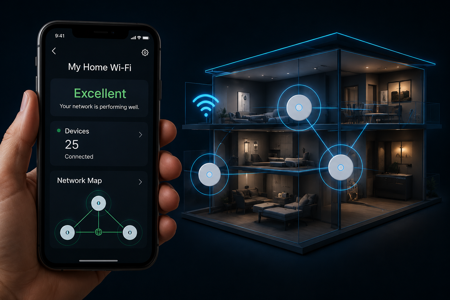 A graphic showcasing interconnected wi-fi solutions provided by Laswell.