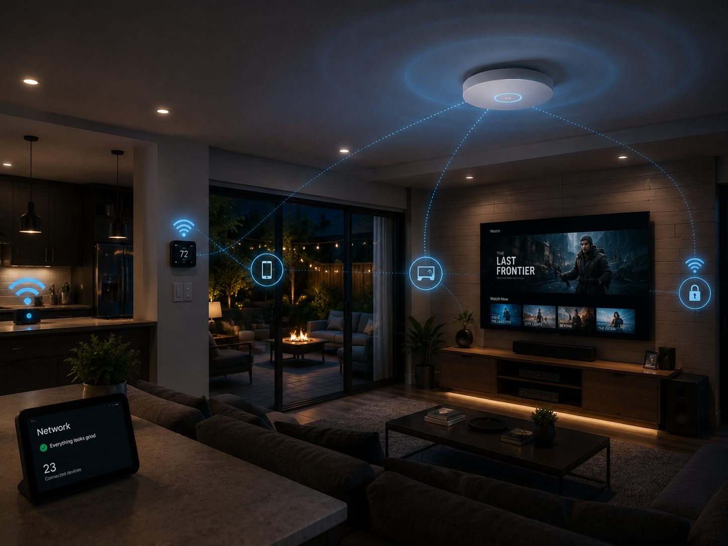 Interconnected home with Laswell home networking solutions.
