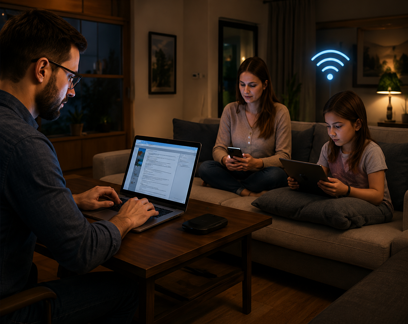 A family using Laswell home networking solutions.