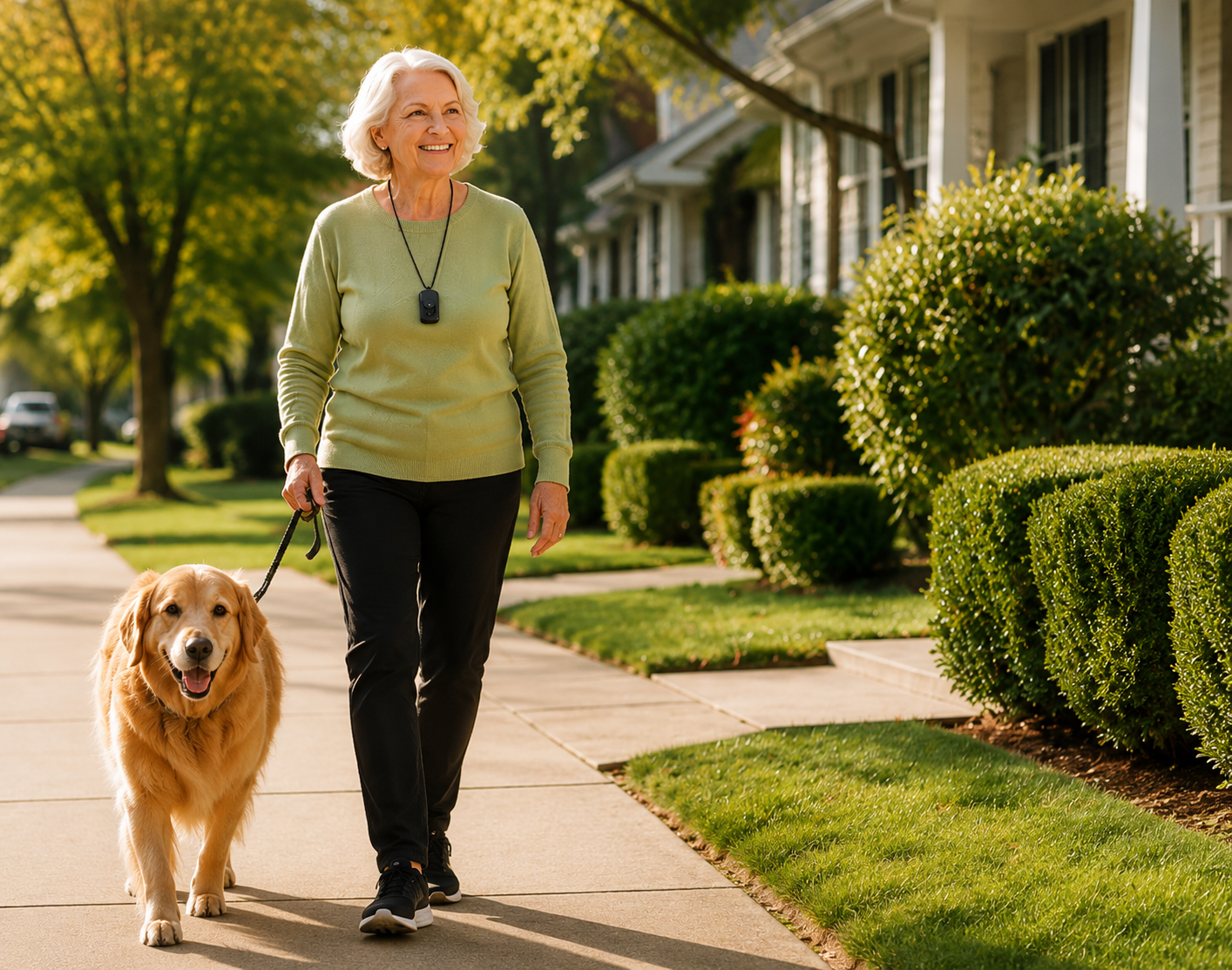 Senior woman walking her dog in a neighborhood while wearing a personal emergency pendant for safety and peace of mind on the go.