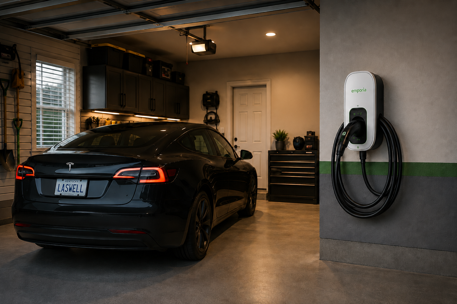 Electric vehicle charging station installed in a residential garage in Clarksville, IN.